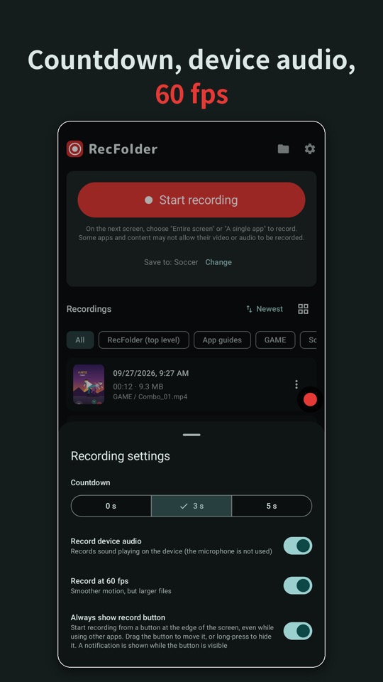 Countdown, device audio, 60 fps (recording settings)
